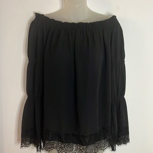 Kay Celine Black Chiffon Off The Shoulder Lace Trim Blouse Size S